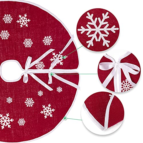 30-Inch Red Burlap Christmas Tree Skirt with Snowflake Print & Ribbon Ties