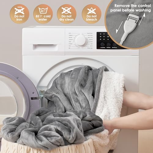 Electric Heated Blanket Throw - 9 Heating Levels, Washable Sherpa, 50x60 Inches