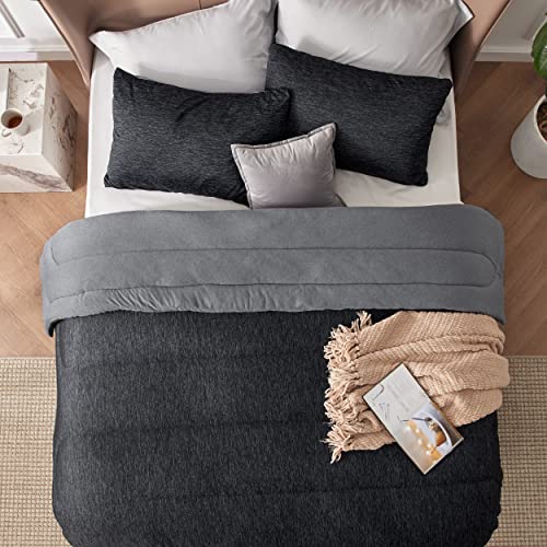 Queen Cooling Comforter Set - Reversible All-Season Bedding, Charcoal Black