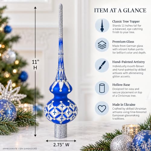 Silver Diamonds on Blue Glass Christmas Tree Topper 11 Inches – Hand-Painted