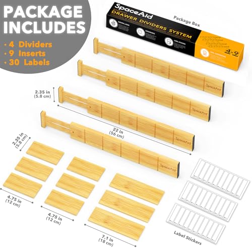 Bamboo Expandable Drawer Dividers with Inserts and Labels for Kitchen