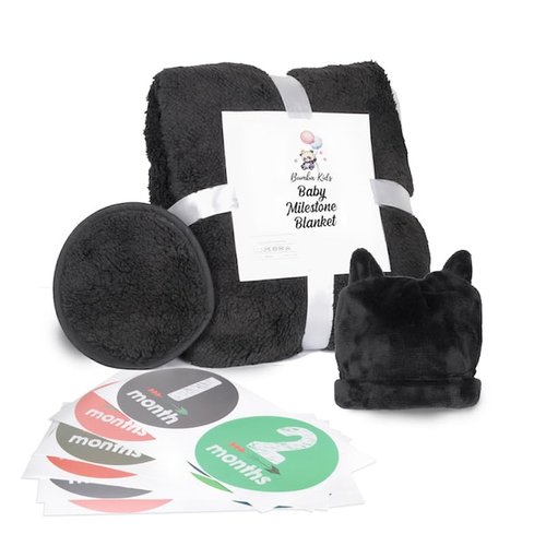 Bumba Kids Sherpa Fleece Goth Bat Baby Swaddle Blanket Gift Set with Milestone Stickers, Bat Hat & Wings, Crib Size