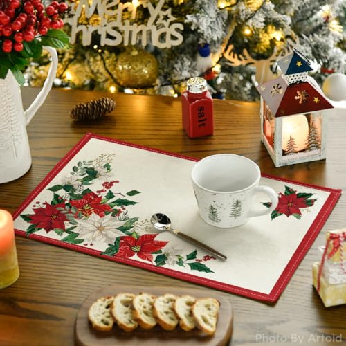 Artoid Mode 12x18 Inch Christmas Placemat Set of 8 Beige & Red Leaves Poinsettia Seasonal Table Decor