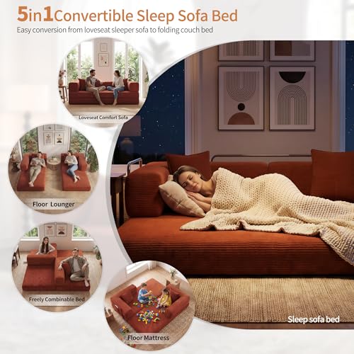 78.8-inch Convertible Corduroy Sofa Bed - Orange Sleeper Couch