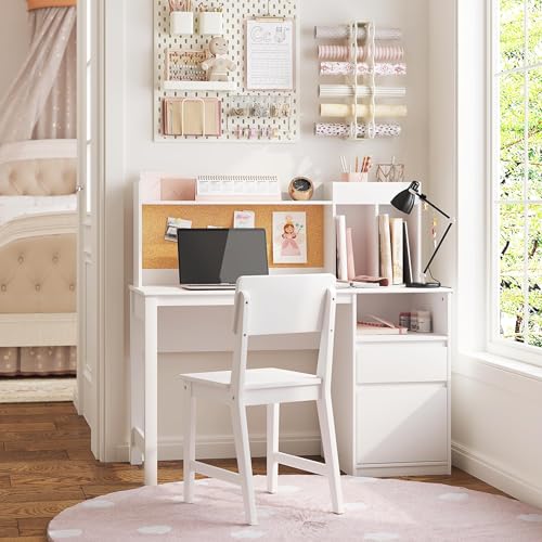 Kids Study Desk and Chair Set with Hutch, Bulletin Board, and Storage