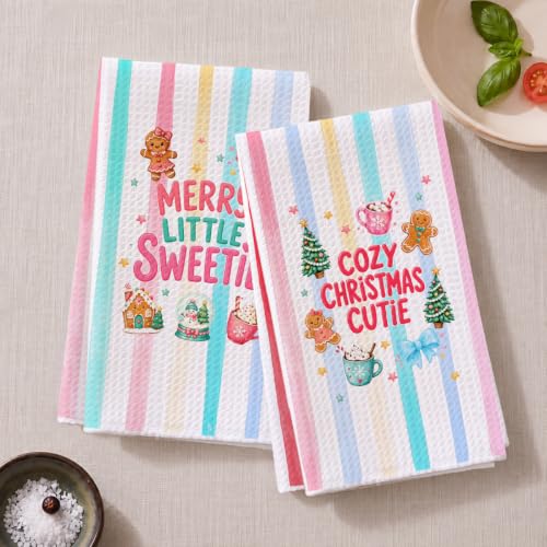 GHUSDFM Retro Pink Christmas Kitchen Towels - 2 Pack, Striped Cute Dish Towels, Christmas Sweetie 786