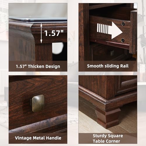 Farmhouse Walnut Nightstand with Charging Station and 2 Drawers