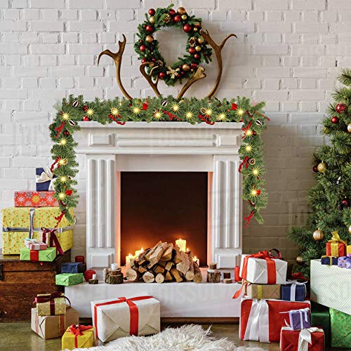 FUNPENY 9ft Pre-Lit Artificial Christmas Garland with 50 LEDs, Red, 8 Modes