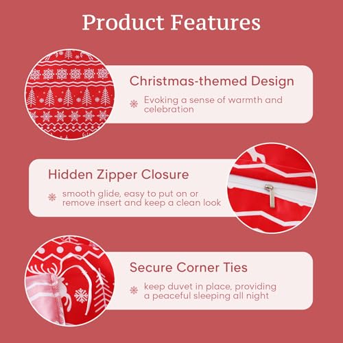 JSD Vintage Red Reindeer Snowflakes Christmas Duvet Cover Set Twin Size