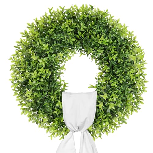 22-Inch Artificial Boxwood Wreath with Sash - UV Resistant Outdoor Decor