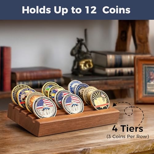 4-Row Solid Wood Challenge Coin Display Stand - Walnut Finish