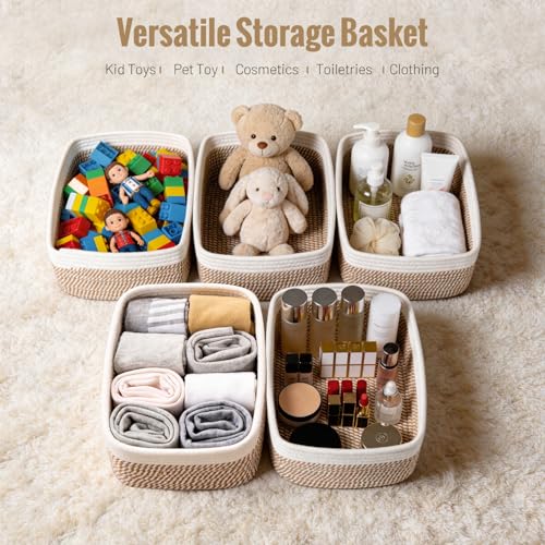 5-Pack Small Woven Cotton Rope Storage Baskets for Shelves and Closets
