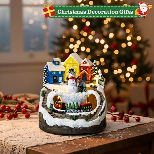 Animated Musical Christmas Village Decor with Rotating Train & LED Lights