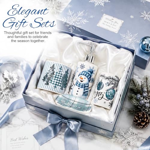 Blue Snowman Bathroom Accessories Set - Ceramic 4-Piece Christmas Decor