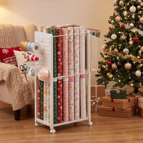 Rolling Wrapping Paper Storage Cart with Wheels and Slap Bands