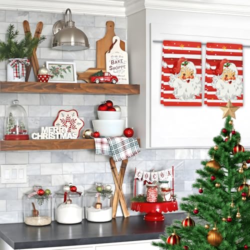 Qilerongrong Christmas Santa Kitchen Towels 18x26 in 2 Pack - Red Snowflake Stripe Tea Towels