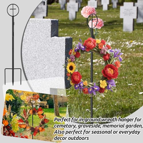 2 Pack Black Wreath Stakes 36-Inch Cemetery Wreath Stand with Cross - Adjustable Height