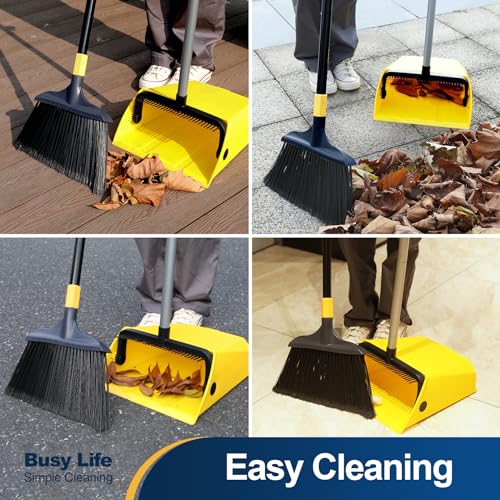 Commercial Heavy Duty Broom and Dustpan Set with Built-In Comb & Long Handle