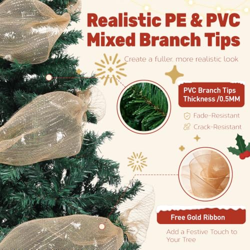 COMHOMA 6 ft Unlit artificial Christmas Tree with PE & PVC Tips – Green with Champagne Gold Ribbon