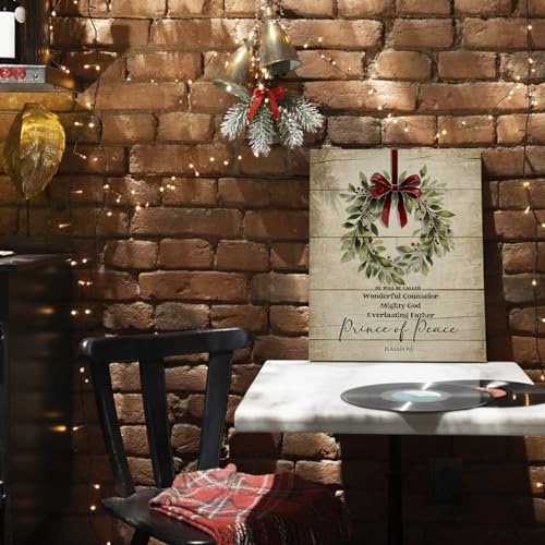 Voxitura Oak Wreath Vintage Christmas Wall Art Canvas 12x15in with Isaiah 9:6 Bible Verse
