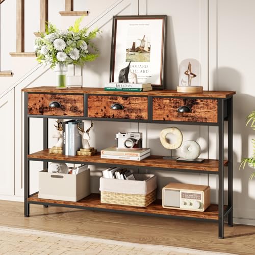 47-Inch Console Table with 3 Drawers and 3-Tier Shelves, Rustic Industrial