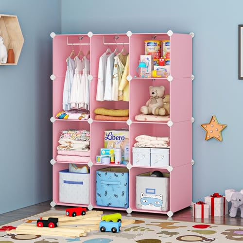 12-Cube Portable Kids Wardrobe, Modular Baby Closet Organizer (Pink)