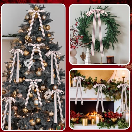 Glitinsel 12 Pcs Red White Cotton Christmas Ribbon Bows 1" Holiday Decor