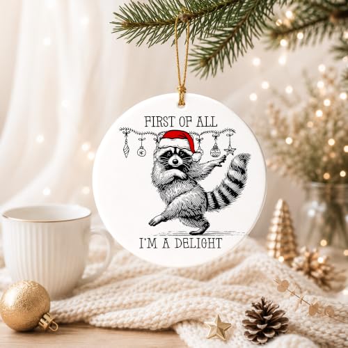 Funny Raccoon Christmas Ornament - Woodland Santa Hat Ceramic Keepsake