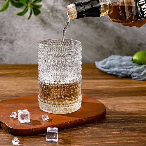 Vintage Hobnail Drinking Glasses Set - 15 oz Embossed Glass Tumblers (6 Pack)
