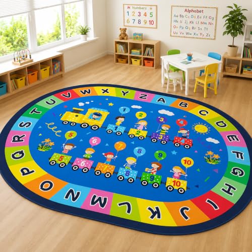 Large Oval Kids Alphabet Rug 6.5' x 10' - Educational Non-Slip Playroom Mat