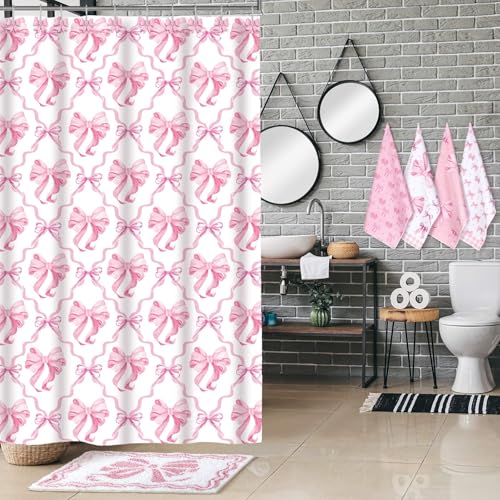 18-Piece Pink Bow Shower Curtain Set with Rug, Towels, and Decorative Hooks