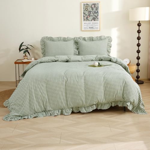 Sage Green Plaid Ruffle Duvet Cover Set - 100% Cotton, Full Size
