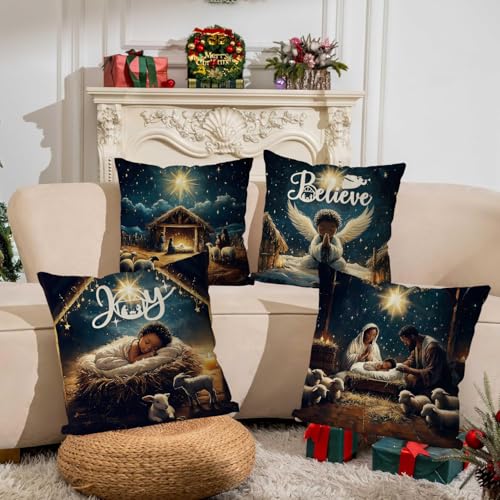 QIONG MENG Black Santa Christmas Pillow Covers 18x18 in Set of 4 - Front Pattern, Holiday Decor