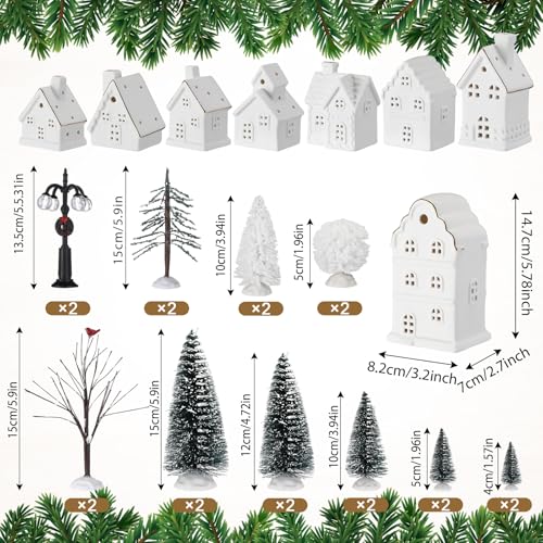 White Ceramic Christmas Village Set with LED Houses, Trees & Lamp Posts