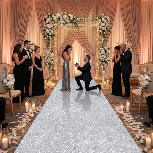 QueenDream Silver Sequin Aisle Runner 4ft x 20ft Wedding & Party Carpet - Glitter Fabric for Indoor & Outdoor Decor