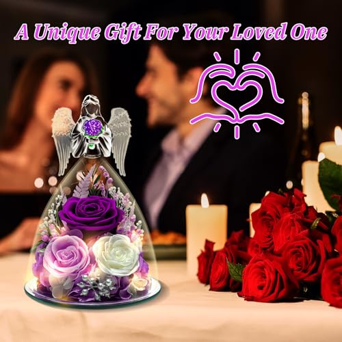 Preserved Purple Rose in Glass Angel Figurine - Eternal Flower Gift