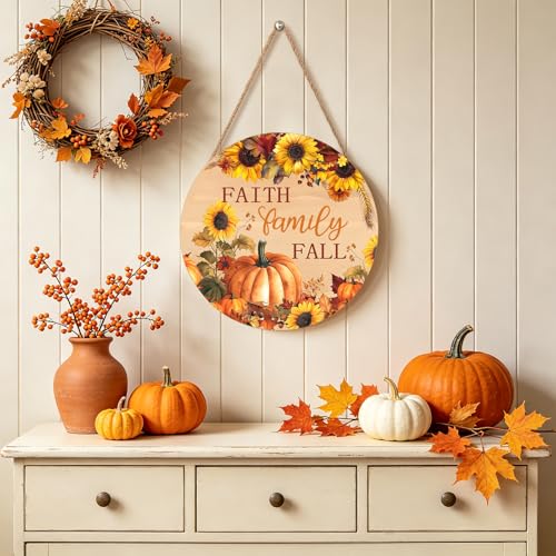 Faith Family Fall Wood Door Sign, 12-Inch Round Pumpkin Sunflower Wall Decor