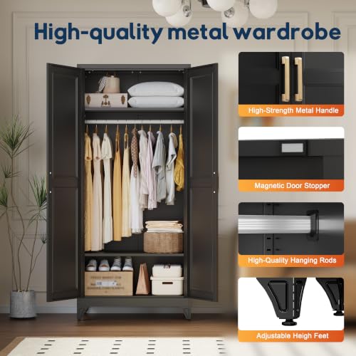 71-Inch Metal Wardrobe Closet with Hanging Rod and Adjustable Shelves