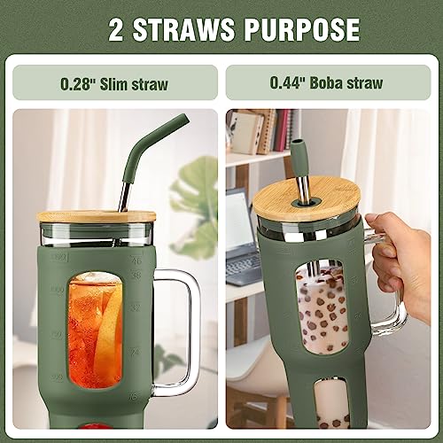 46 oz Glass Tumbler with Handle, Bamboo Lid and Straw for Iced Coffee