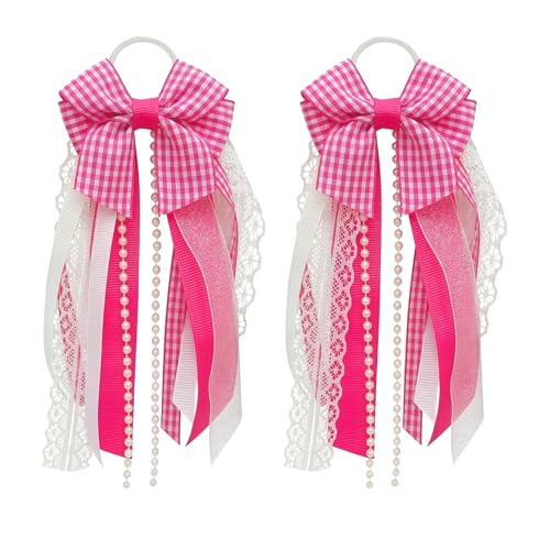 Pink Plaid Cowboy Boot Charms - Layered Ribbon Bow Boot Decor (2 Pcs)