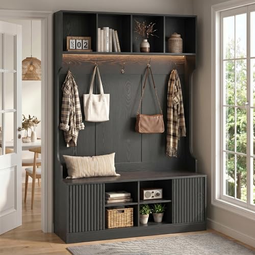 5-in-1 Hall Tree with Shoe Bench, LED Motion Sensor Light, and Storage