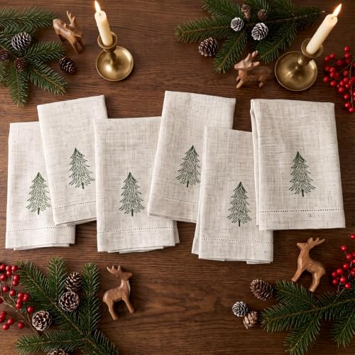Christmas Tree Embroidered Linen Napkins Set of 6 18x18'' Rustic Holiday Decor Xmas