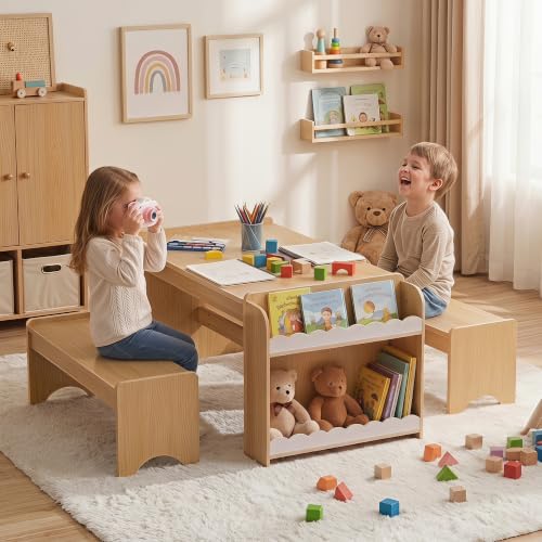 Kids Wooden Activity Table and Bench Set with Storage Shelves