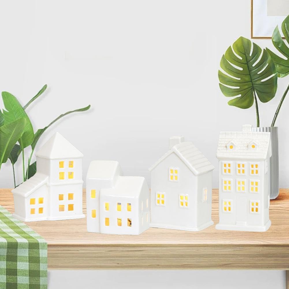 Regine Switzerland Christmas Village Houses - Illuminated White Ceramic Set with Remote Control | Rustic Holiday Decor for Tabletop Display