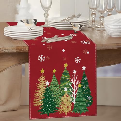 Moutina Christmas Table Runner 13x36 Inch Red Snowflakes & Pine Trees Seasonal Decor