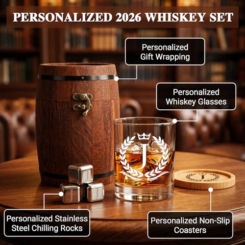 Personalized Whiskey Glass Gift Set with Custom Initial J - Vintage Wooden Barrel, Chilling Stones & Coaster