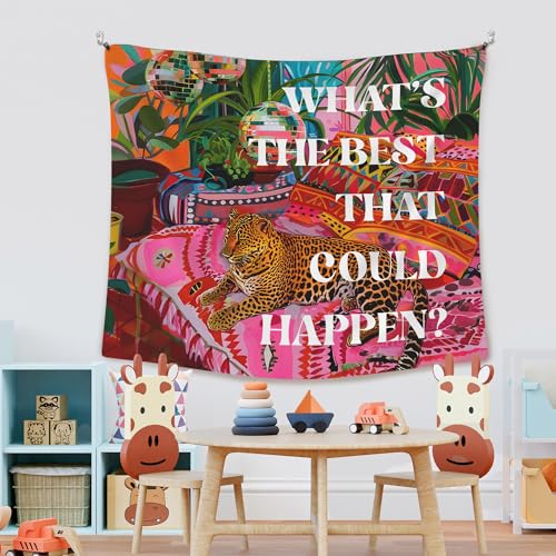 Retro Preppy Leopard Disco Wall Tapestry - Groovy Room Decor (50x60 In)