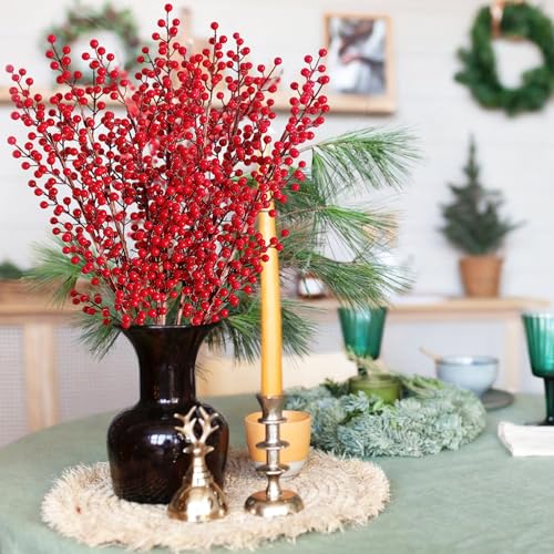 Emivery 6 Pcs Red Berry Stems - Artificial Burgundy Christmas Branches for Centerpieces