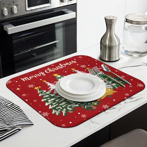 Christmas Kitchen Dish Drying Mat 16x18 Inches, Red Snowflake Tree Pattern, Absorbent Microfiber, Festive Holiday Countertop Mat