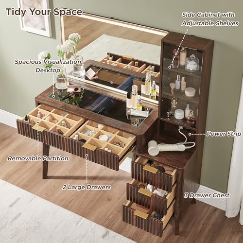 48-Inch Fluted Makeup Vanity Desk with Lighted Mirror and 5 Drawers